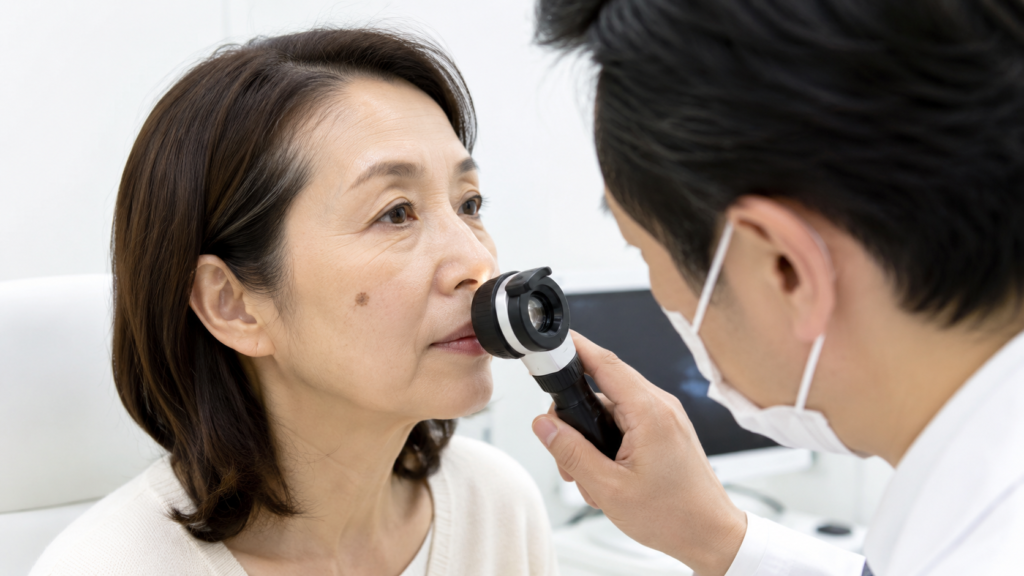 顔の茶色い盛り上がりを診察する形成外科専門医